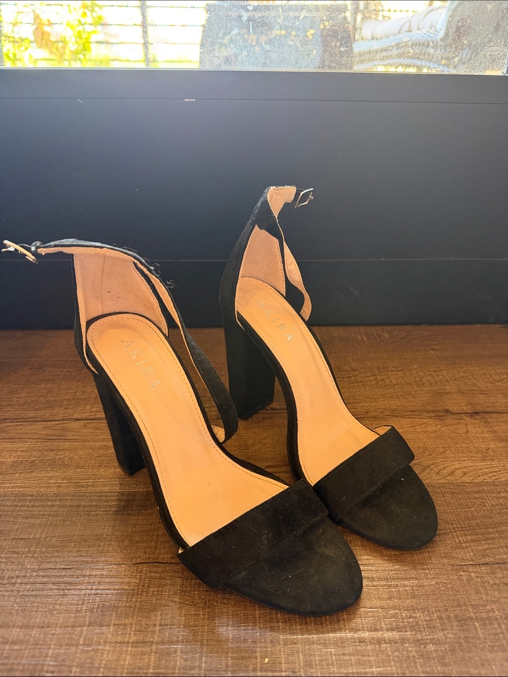 Akira Black Suede Open-Toe Ankle-Strap Block Heels